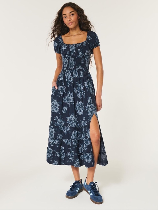 Hollister Dresses & Skirts - Hollister Navy Floral Midi Dress with Side Slit